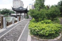 駁岸上的鋪裝園路和臨水四角亭